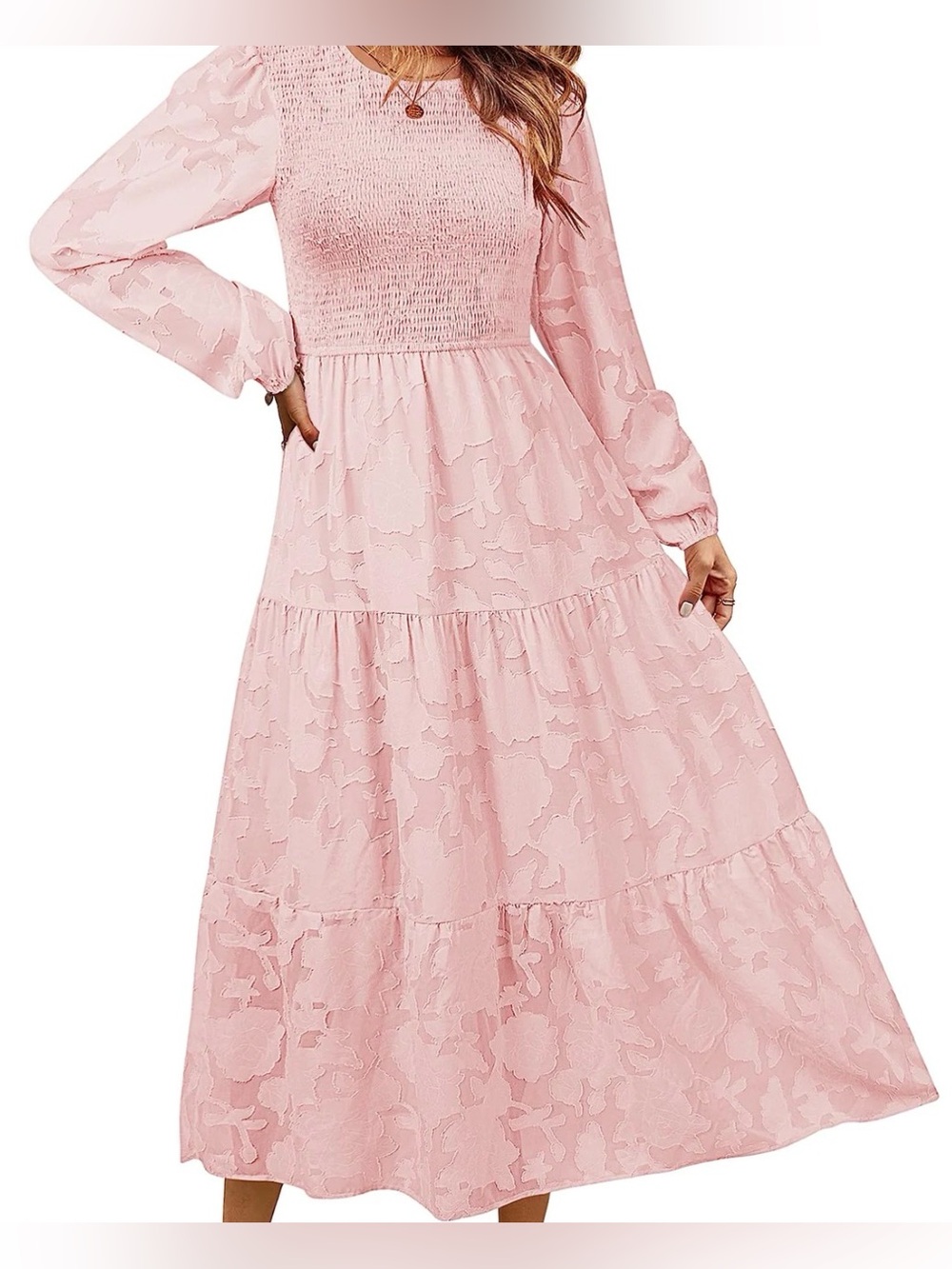 MEROKEETY size XL, Light Pink Floral Tiered Smocked Dress.